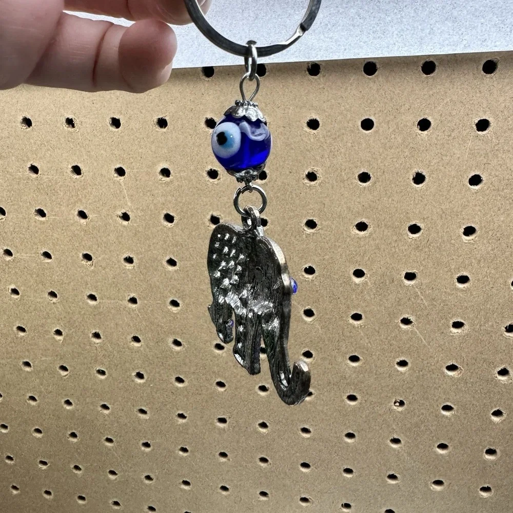 Elephant Keychain Blue Rhinestone Evil Eye Charm Silver Tone Good Luck